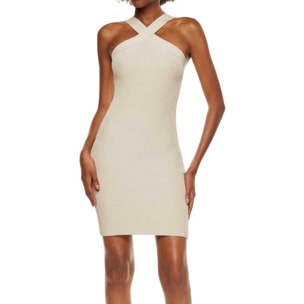 Aritzia Babaton Sculpt Knit Criss Cross Dress Women S Beige Ribbed Bodycon Party